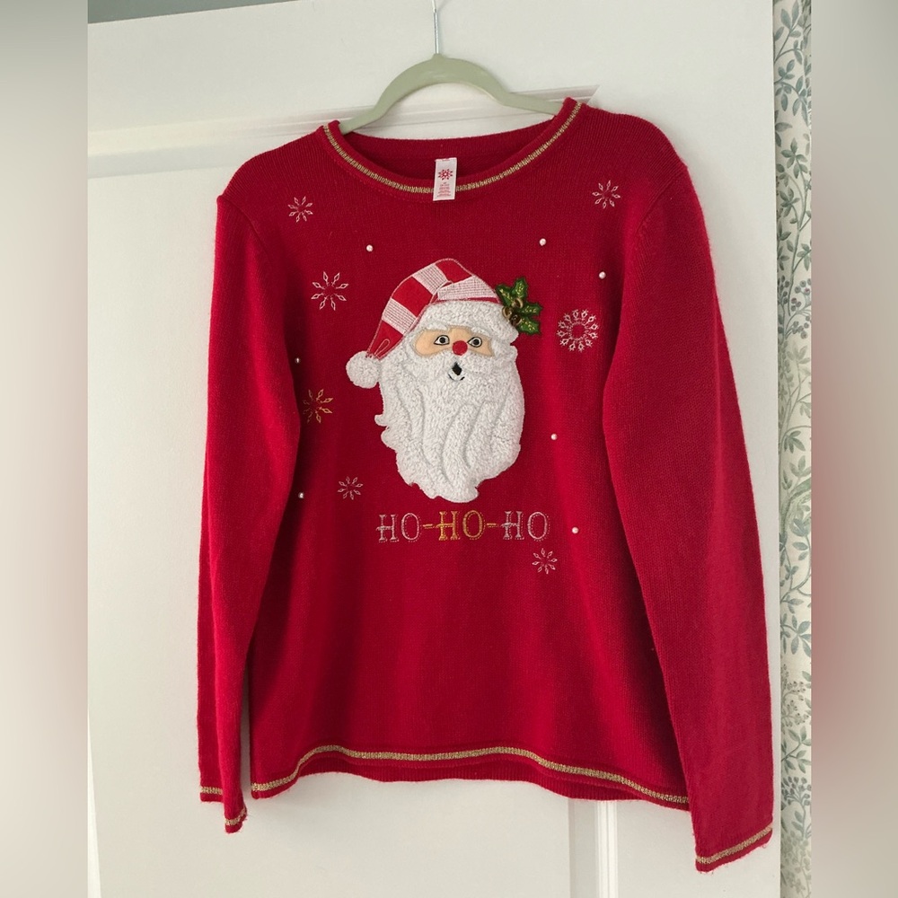 Santa Sweater ~ Christmas Sweater– 3D Beard, Cute Holiday Knit Sz L Bells
